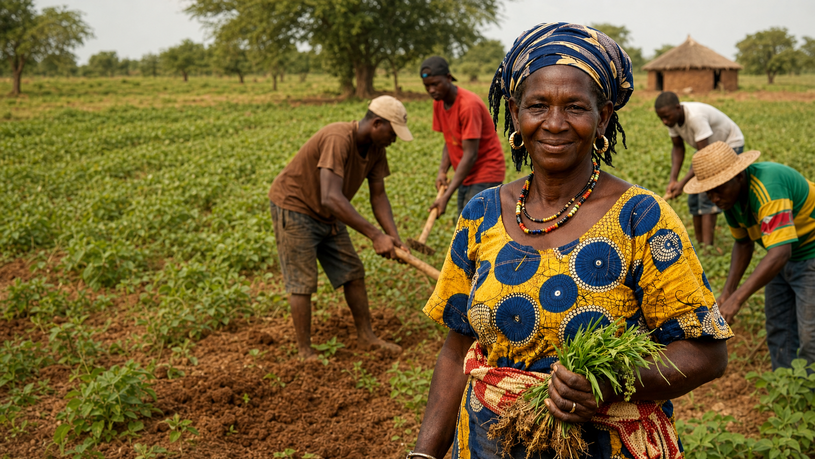 Agricultrice malienne tenant de jeunes plants dans un champ